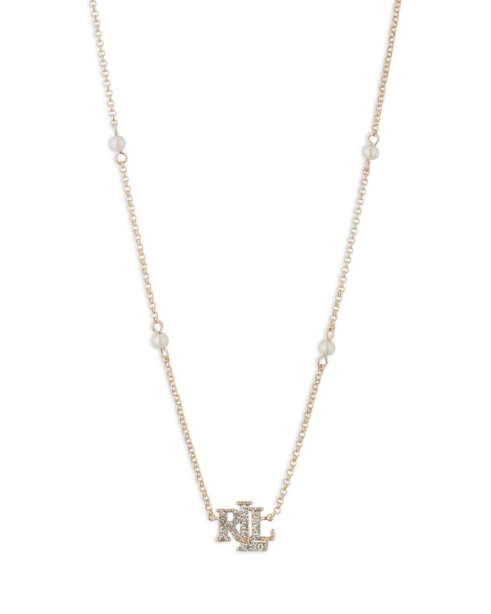 Logo Pendant & Faux Pearl Necklace, 16-19"
