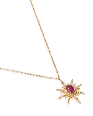 Ruby & Diamond Starburst Pendant Necklace in 14K Yellow Gold, 18"