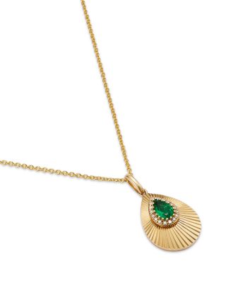 Emerald & Diamond Pear Sunray Pendant Necklace in 14K Yellow Gold, 18"