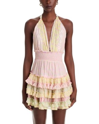 romper mini dress Pink Floral Cowl Neck Tiered Romper Dress