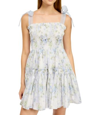 Smocked Contrast Organza Tie Mini Dress