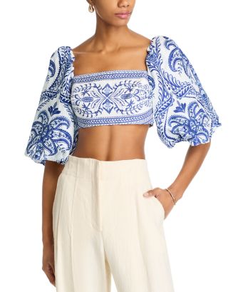 FARM Rio Linen Balloon Sleeve Cropped Top | Bloomingdale's Women