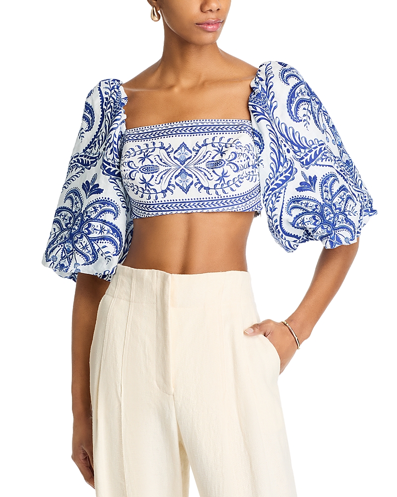 Farm Rio Linen Balloon Sleeve Cropped Top