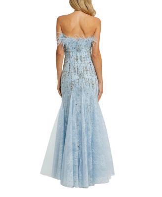 Strapless Feather Embellished Mermaid Gown