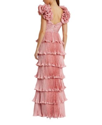 Pleated Charmeuse Tiered Gown with Ruffle Straps
