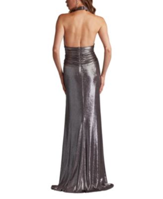 Mona Pleated Metallic Halter Gown