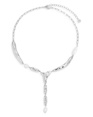 Ettika - Liquid Melt Imitation Pearl Lariat Necklace in Silver Plated, 15.5"-19"