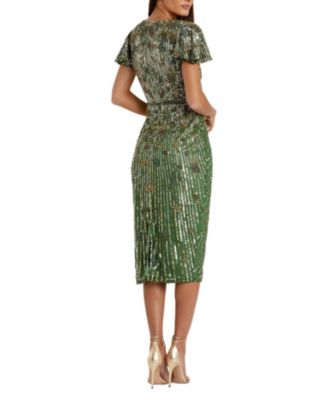 Embellished Faux Wrap Flutter Sleeve Dress