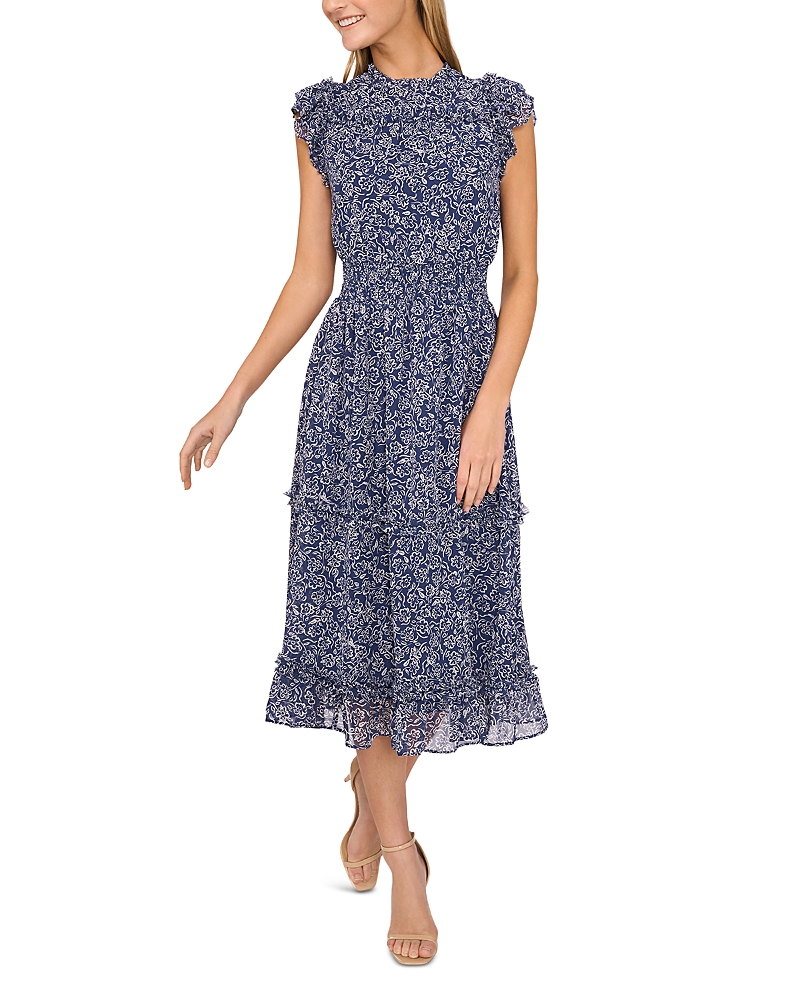 Shop Cece Flutter Sleeve Smocked Midi Dress In Ocean Blue