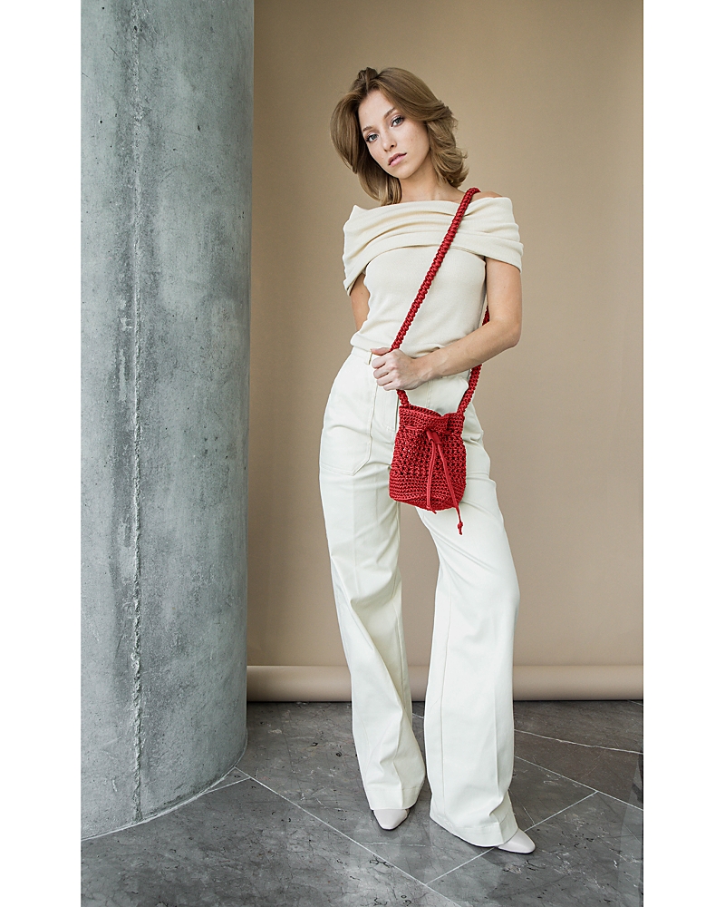 Binge Knitting Mara Woven Drawstring Satchel In Ruby