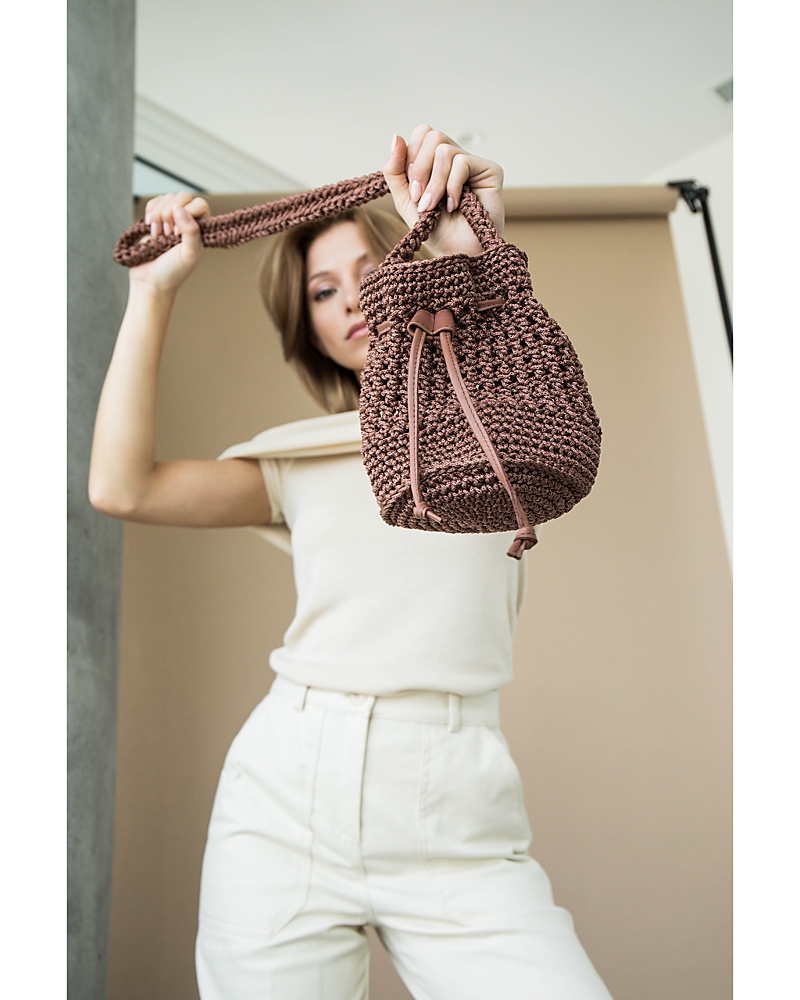 Binge Knitting Mara Woven Drawstring Satchel In Cocoa