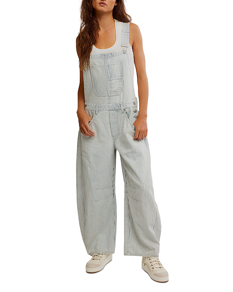 Free People Good Luck Stripe Barrel Leg Overalls In Indigo Railroad