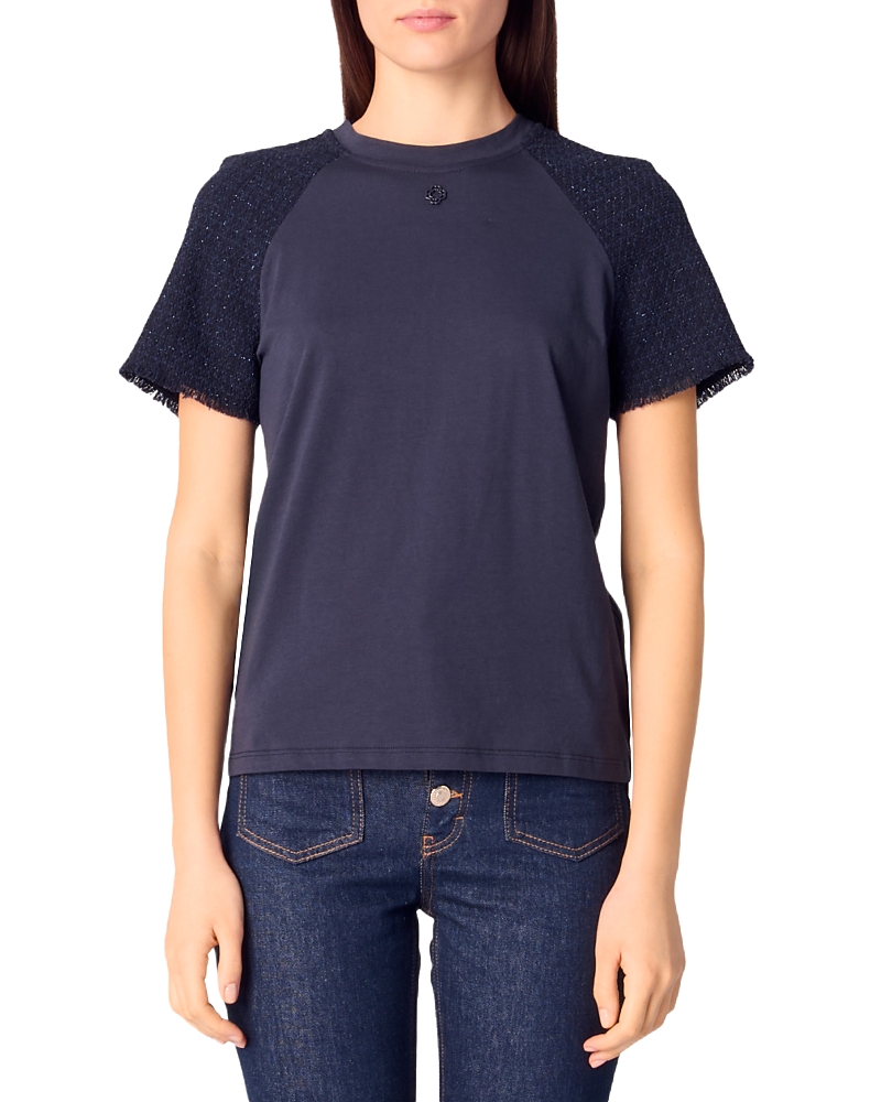 Maje Womens Branded Tweed-sleeved Cotton-jersey T-shirt Bleus In Navy