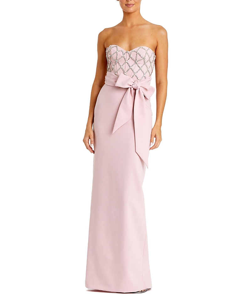 Mac Duggal Strapless Crepe Embellished Bustier Gown With Bow In Rose