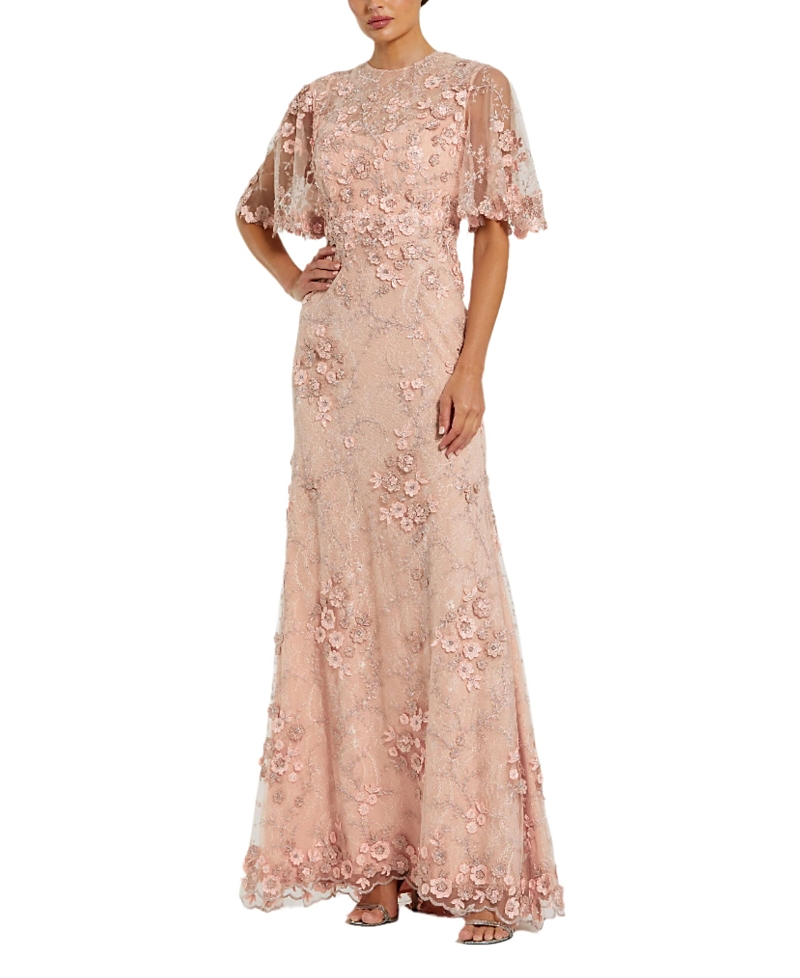 Mac Duggal Flutter Sleeve Floral Emboridered Net Gown In Rose