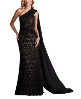 Eamon Draped Sleeve Sequin Embroidered Gown