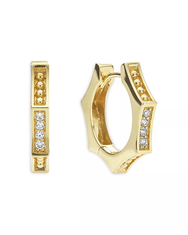 Lagos 18K Yellow Gold Caviar Gold Diamond Hexagon Huggie Hoop Earrings
