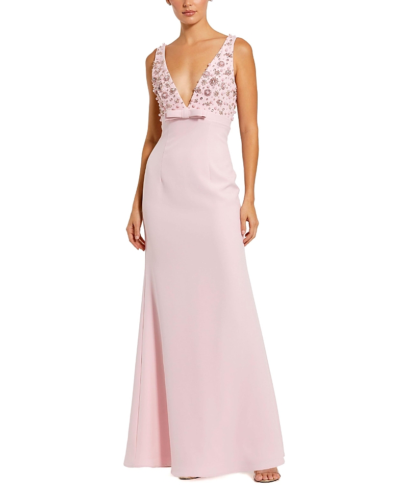 Mac Duggal Crepe Sleeveless Beaded V Neck Gown With Bow In Blush