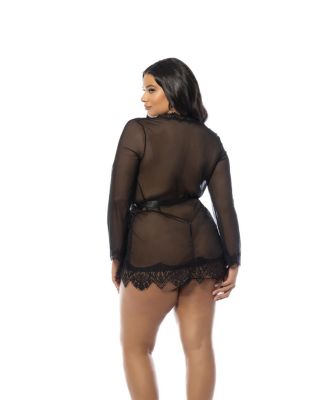  Plus Size Provence Eyelash Lace Robe with Sash and G-string Panty