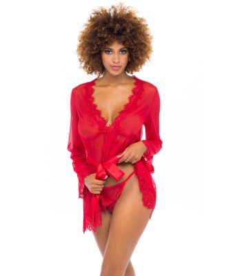  Provence Eyelash Lace Robe with Sash and G-string Panty