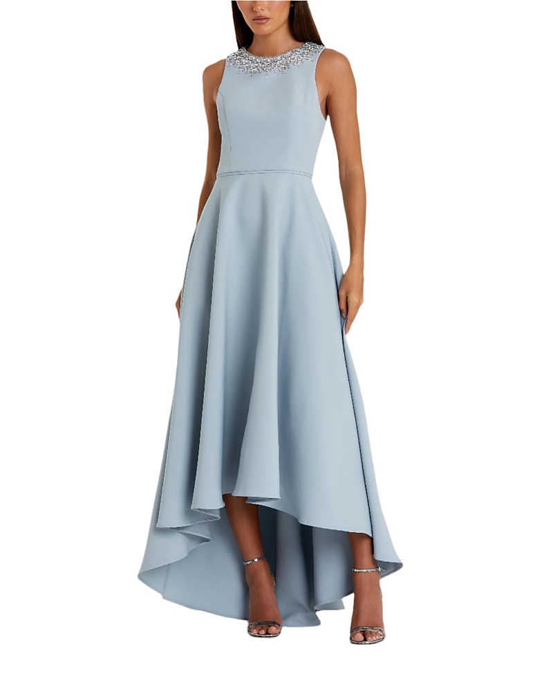 Mac Duggal Crepe Embellished Neck High Low Gown