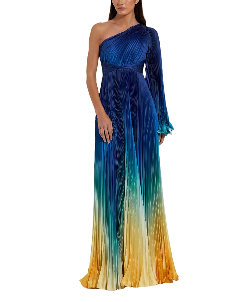 Mac Duggal Pleated Charmeuse One Long Flare Sleeve Gown In Blue Ombre