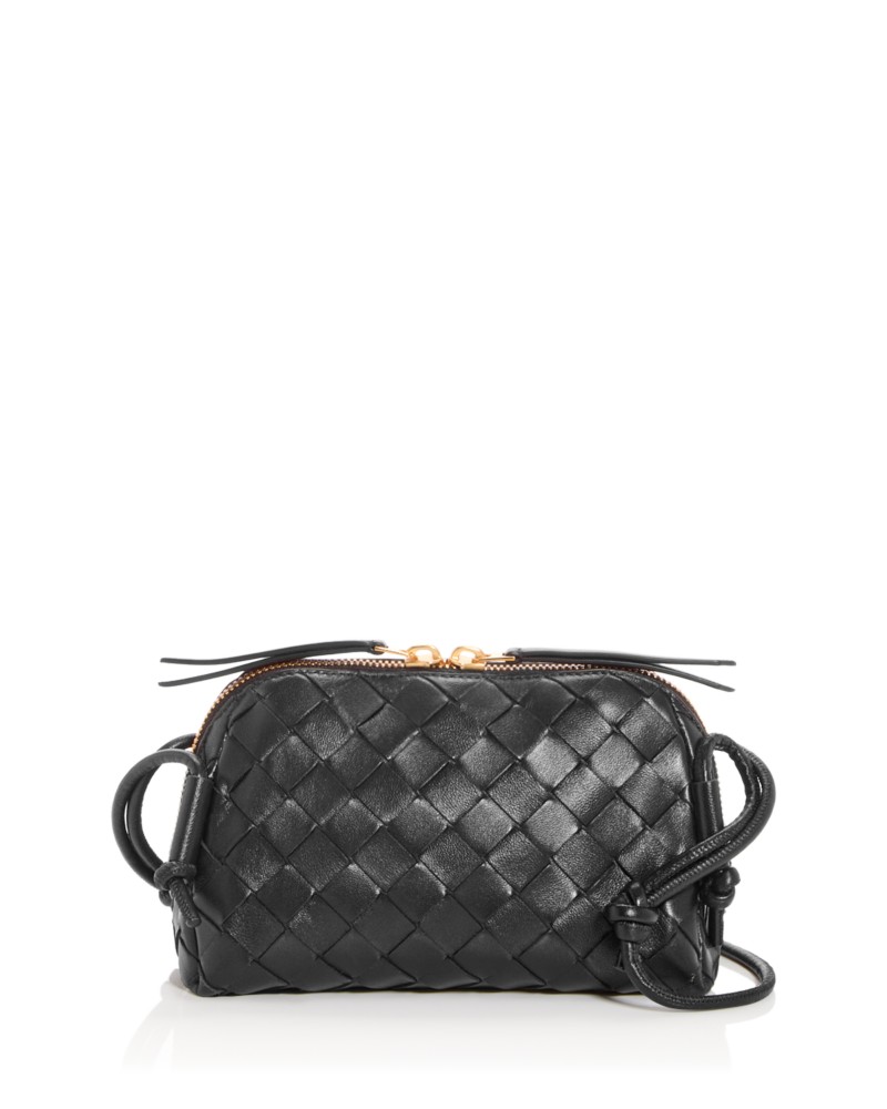 Bottega Veneta Concert Pouch Intrecciato Leather Shoulder Bag in Black/Gold Leather