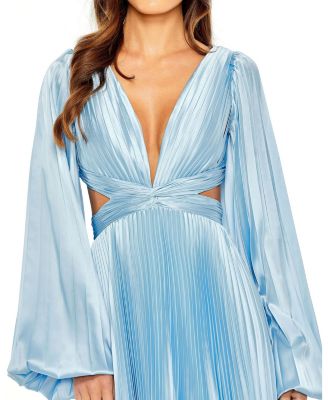 Long Sleeve Pleated Charmeuse Cut Out Gown