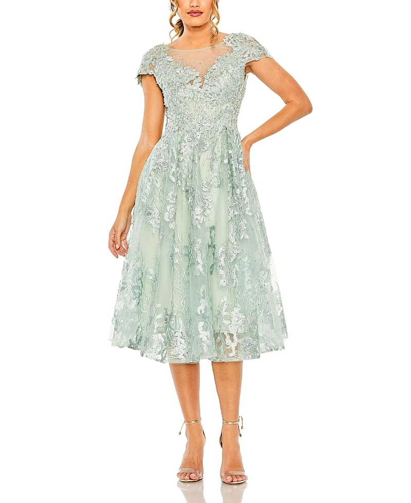 Mac Duggal Embroidered Cap Sleeve Midi Dress In Sage