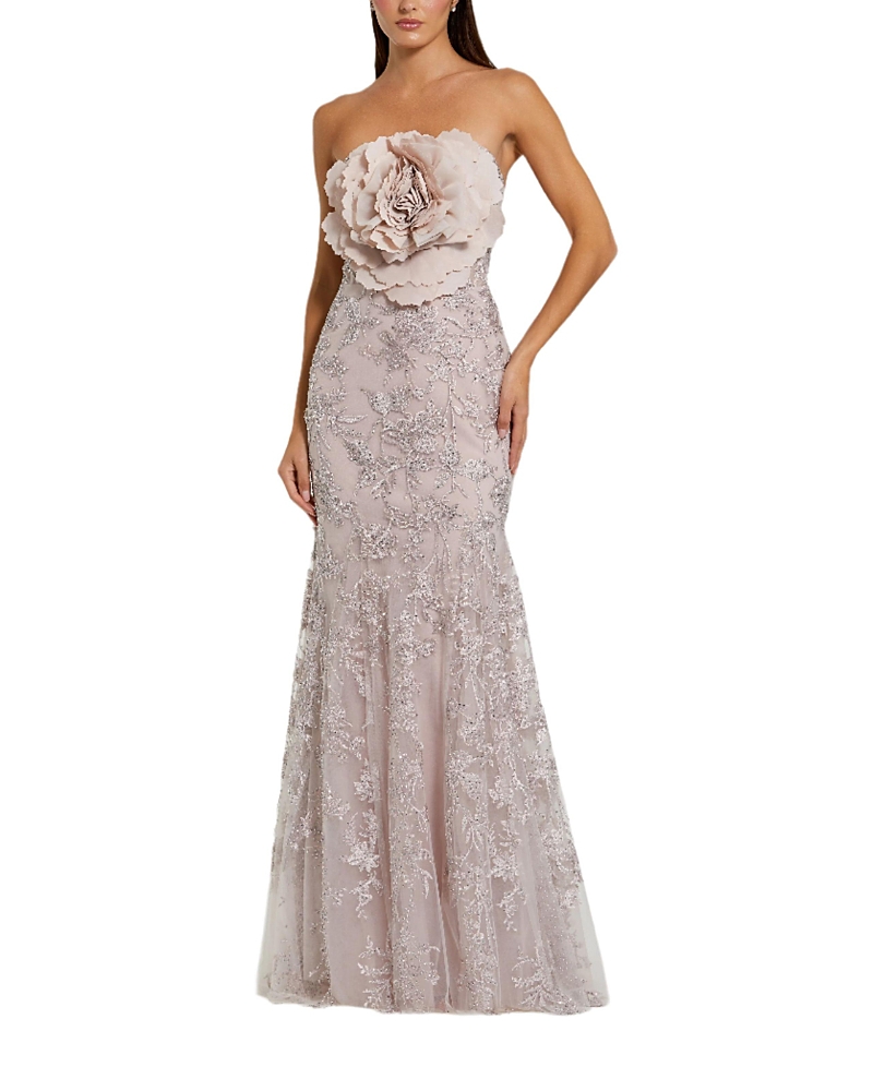 Mac Duggal Strapless Beaded Applique Mermaid Gown With Flower In Mocha