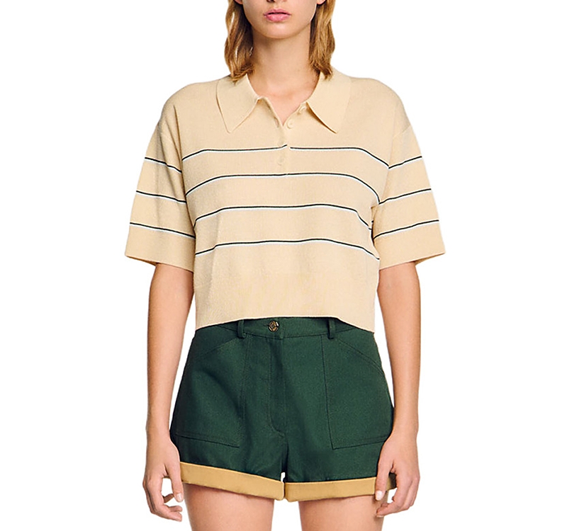 Sandro Sympathique Striped Polo Sweater In Ecru