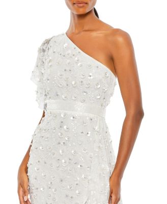 One Shoulder Beaded Embellished Gown with Asymmetrical Hem