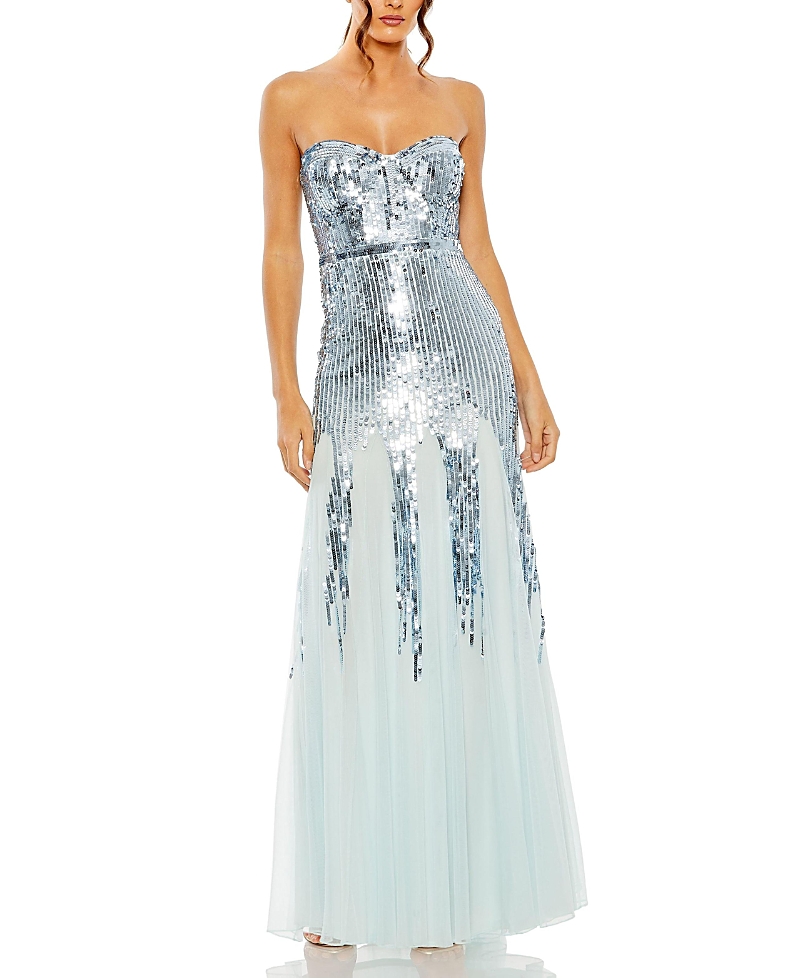 Mac Duggal Strapless Sequin Mesh Gown In Ice Blue