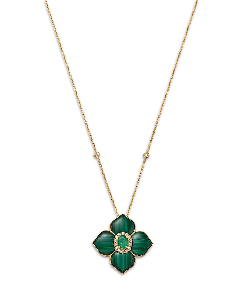 Bloomingdale's Fine Collection Emerald, Malachite & Diamond Flower Pendant Necklace in 14K Yellow Gold, 18