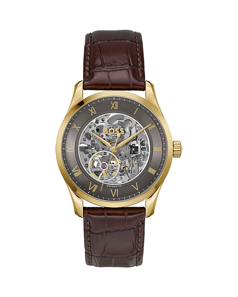 Hugo Boss Boss Principle Skeleton Automatic Leather Strap Watch, 41mm In Gray/black