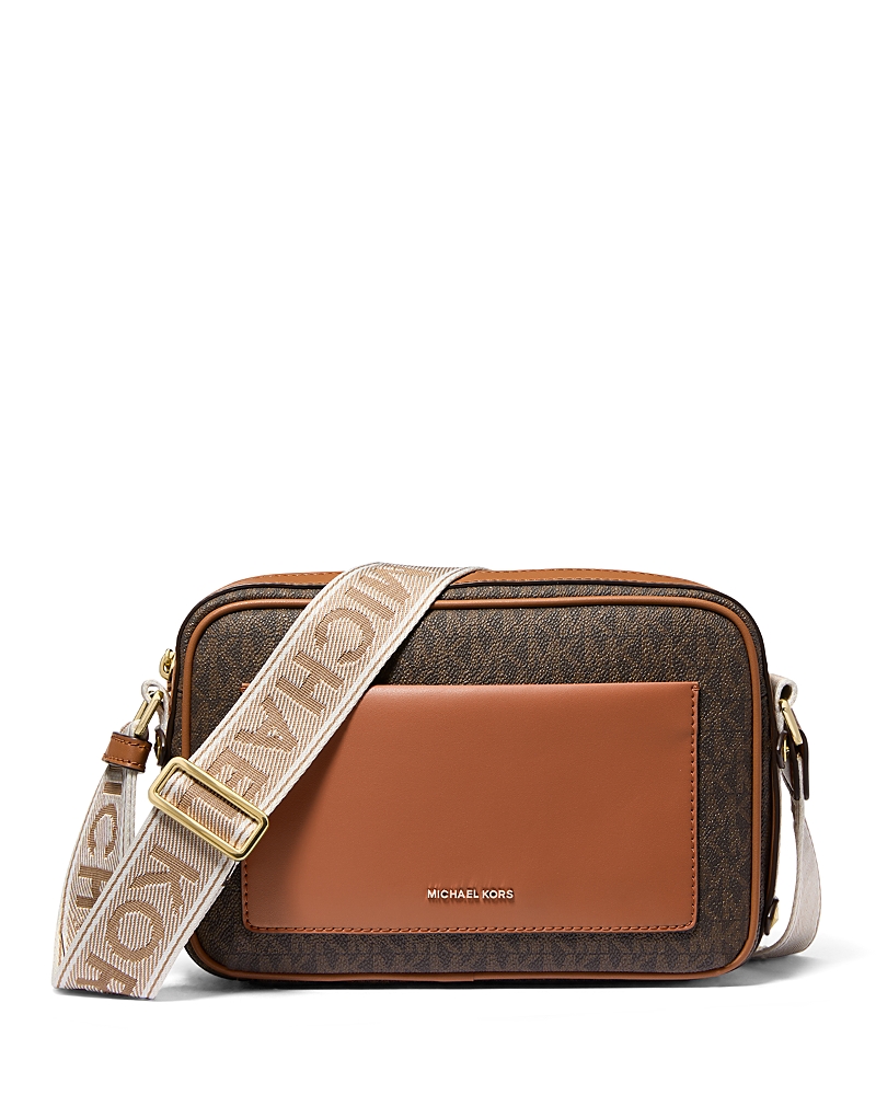Shop Michael Kors Maeve Large East/west Pocket Crossbody In Brown/acorn