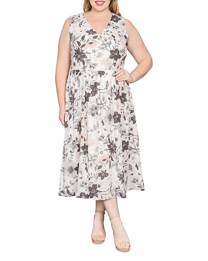 Standards & Practices Sleeveless V Neck A Line Midi Dress In White Floral