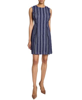 IDA Sleeveless Stripe Fringed Denim Shift Dress with Skirt Zipper Detail