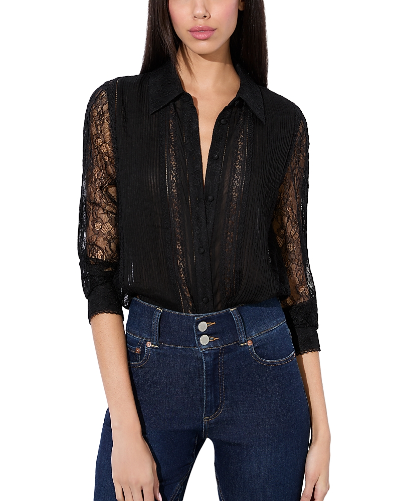 Alice And Olivia Willa Mixed-media Lace Placket Top In Black