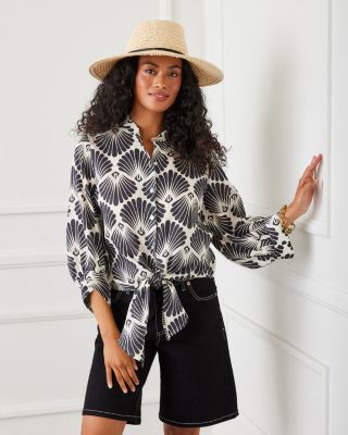 Linen Printed Blouson Sleeve Tie Front Top