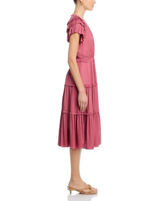Flutter Sleeve Split Neck Flare Airflow Dress