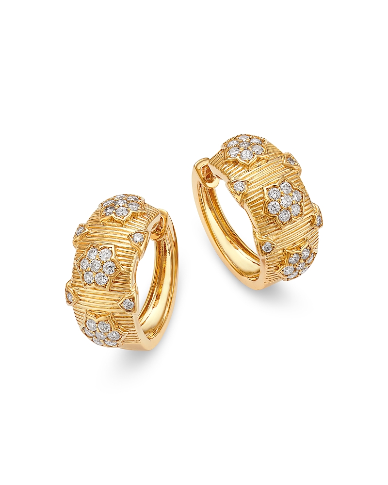 Bloomingdale's Fine Collection Diamond Huggie Hoops Earrings with Flowers in 14K Yellow Gold, 0.5 tcw