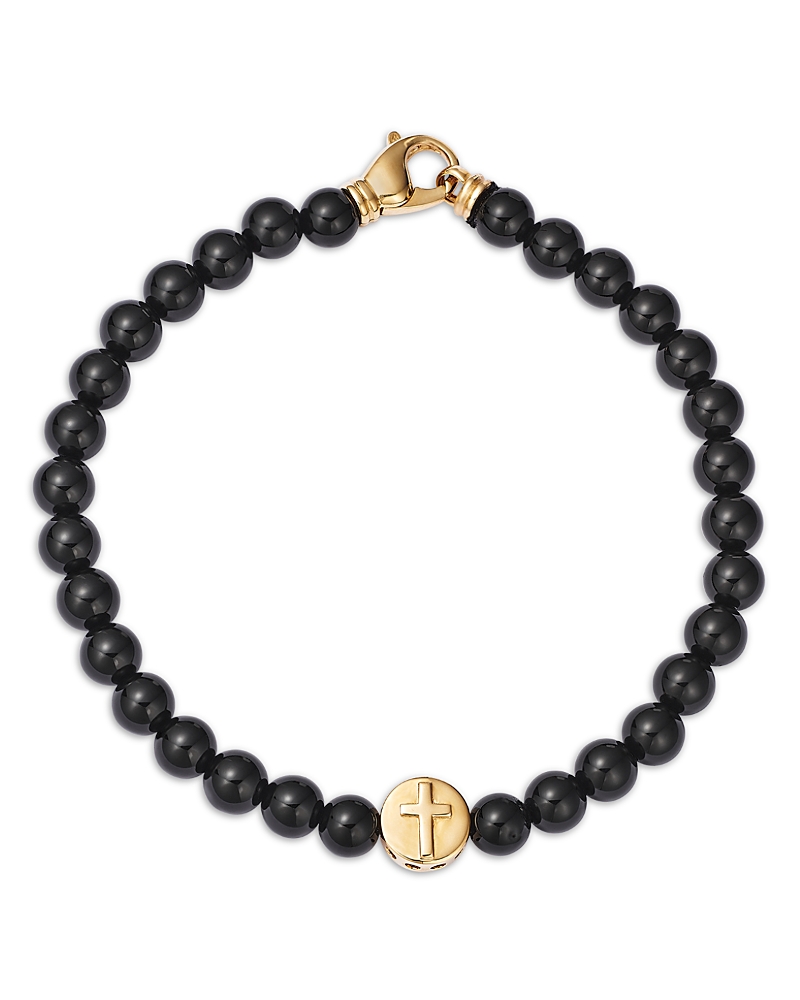 Bloomingdale's Fine Collection Men's Cross Disc Onyx Bead Bracelet In 14k Yellow Gold In Black