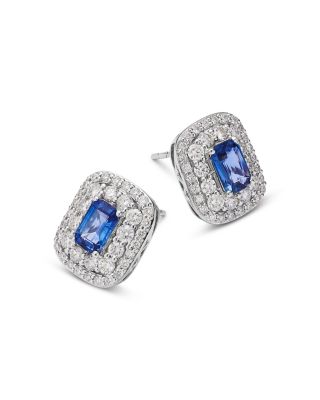 Sapphire & Diamond Double Halo Statement Stud Earrings in 14K White Gold