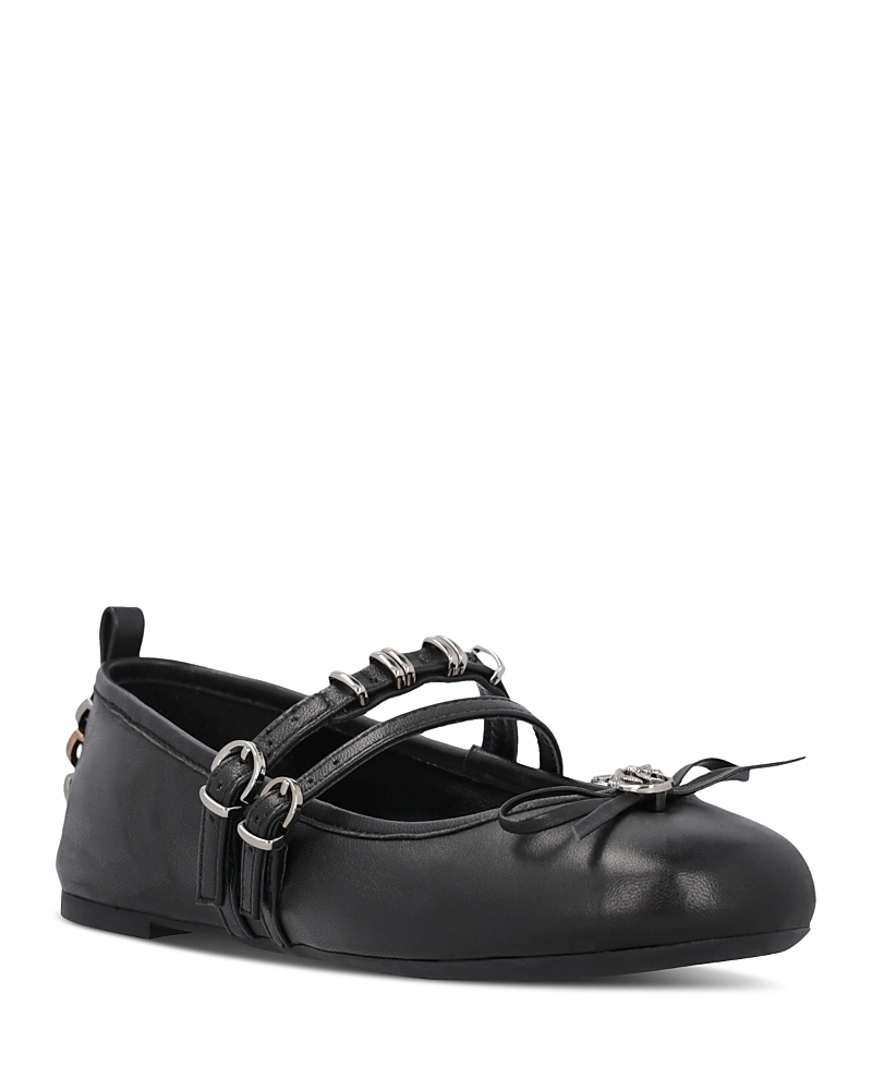 Pinko Nappa Leather Ballet Flats With Straps And Bow In Limo Black