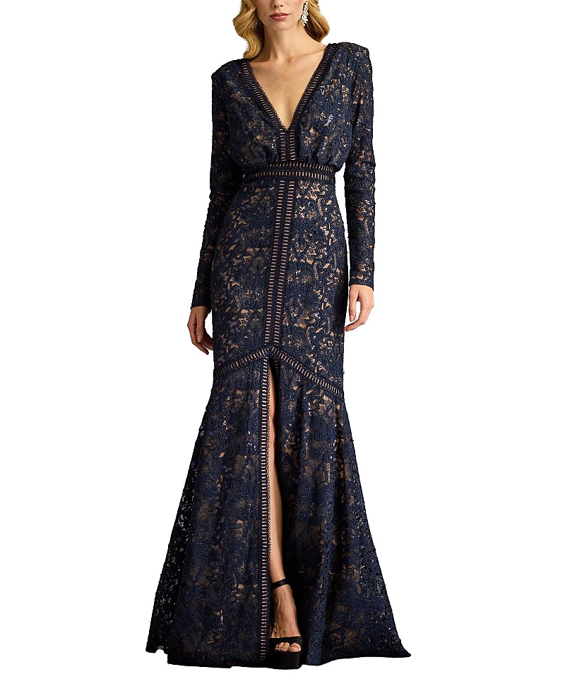 Tadashi Shoji Laser Cut Embroidered Tulle Gown In Navy