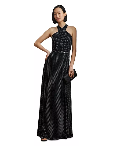 Lauren Ralph Lauren Polka Dot Belted Georgette Halter Gown