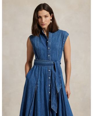 Belted Denim Sleeveless A Line Dress