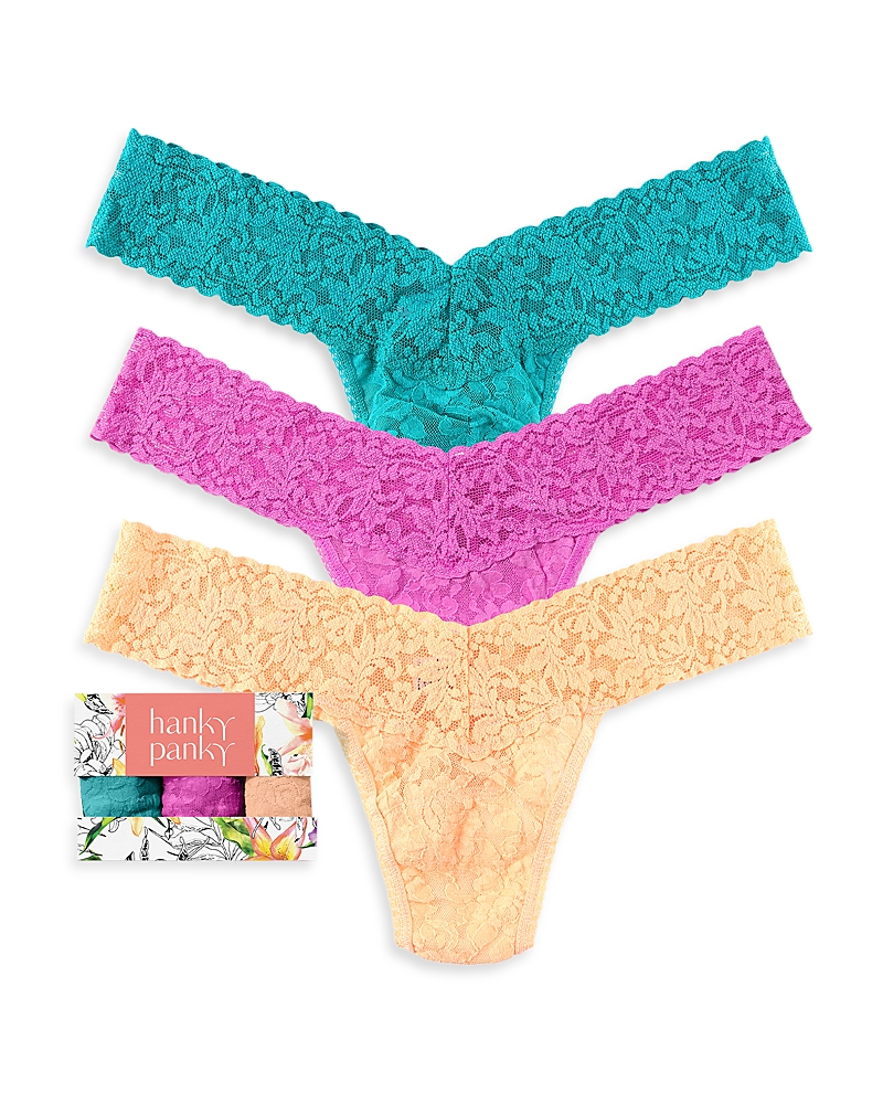 Hanky Panky Assorted 3-pack Low Rise Thongs In Raspberry Ice/vibrant Turq/apricot Crush
