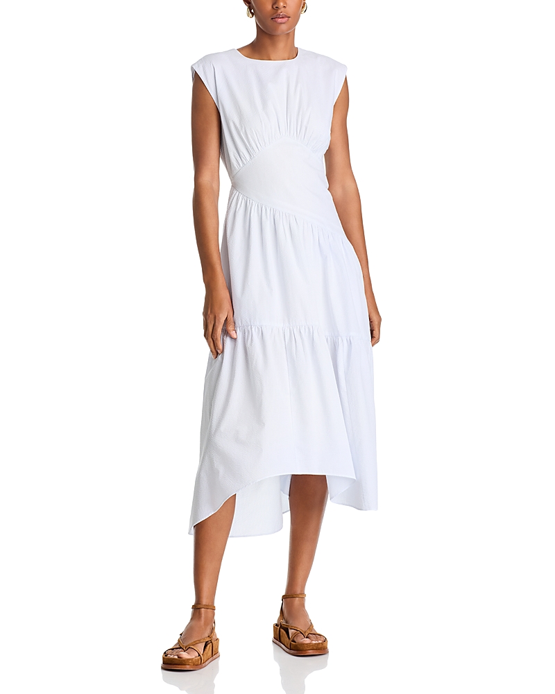 Frame The Seersucker Gathered Seam Midi Dress In Light Chambray Multi